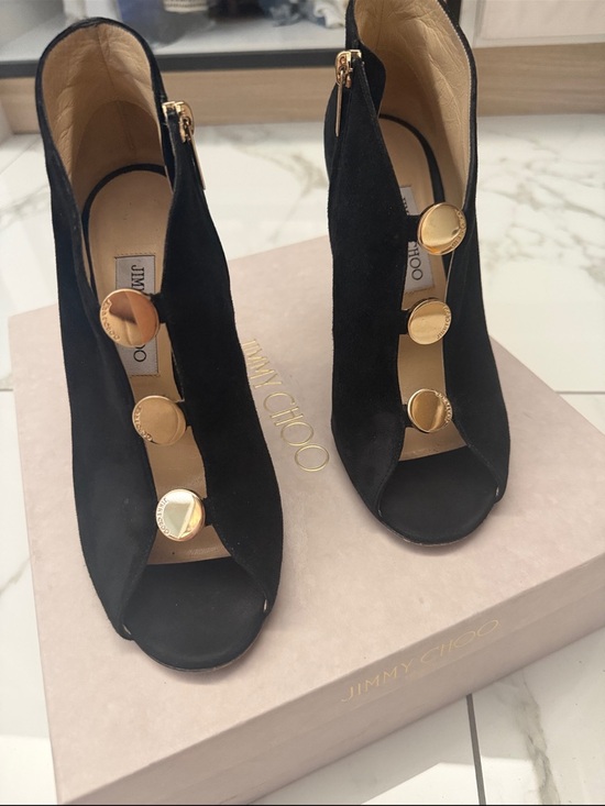 Jimmy Choo Black Suede Open-Toe Heel Booties with Gold Buttons